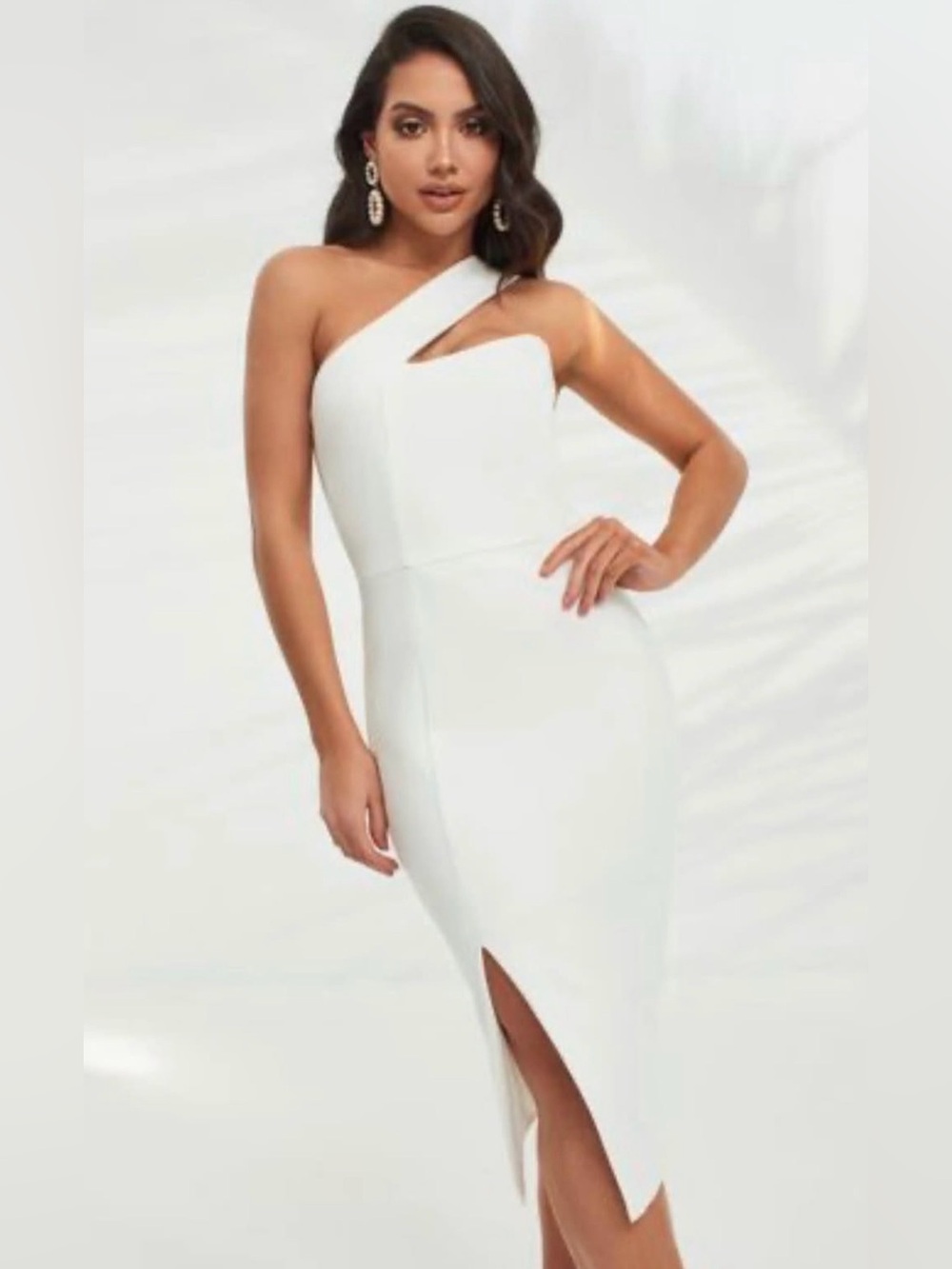 Lavish Alice One-Shoulder White Midi Dress with Front Slit